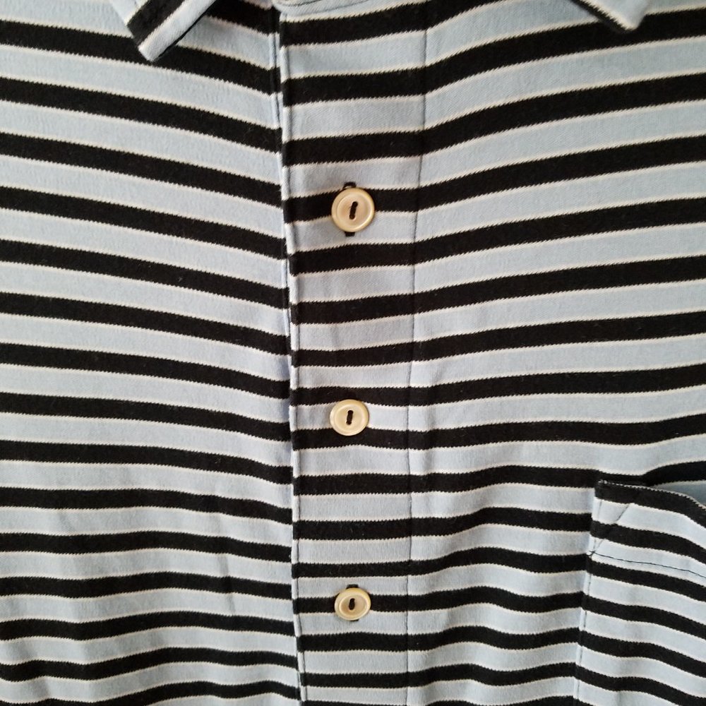 Peter Millar Shirt Mens Golf Polo Large Crown Black/Blue Stripe Pocket EUC - Picture 2 of 8